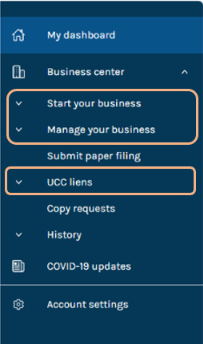 The left sidebar of your business dashboard in Business.CT.Gov