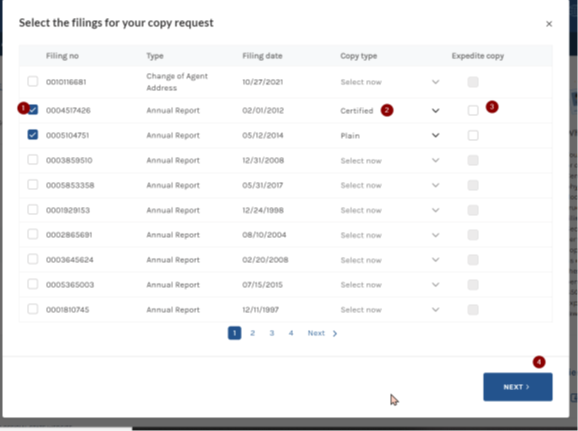 Select the filings for your copy request. 