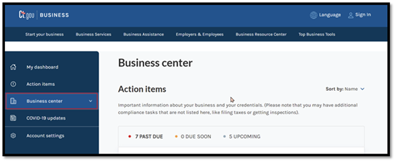 An image that illustrates where the Business Center link is on your business dashboard.