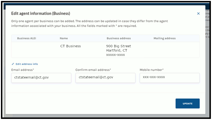 Showing "edit agent info" screen in the Business One Stop Dashboard