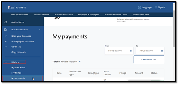 The location of the "My Payments" link in your business dashboard.