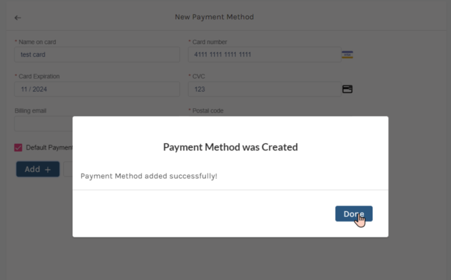 Showing a payment method was added successfully. 