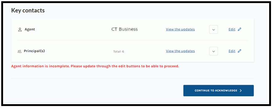 Showing the "key contacts" screen in the Business One Stop dashboard. 